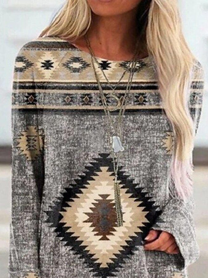 Vintage Crew Neck Long Sleeve Print Top