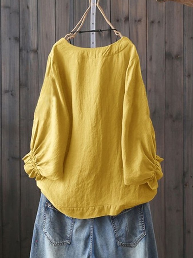 Women's Casual Pure Color Literary Cotton Shirt