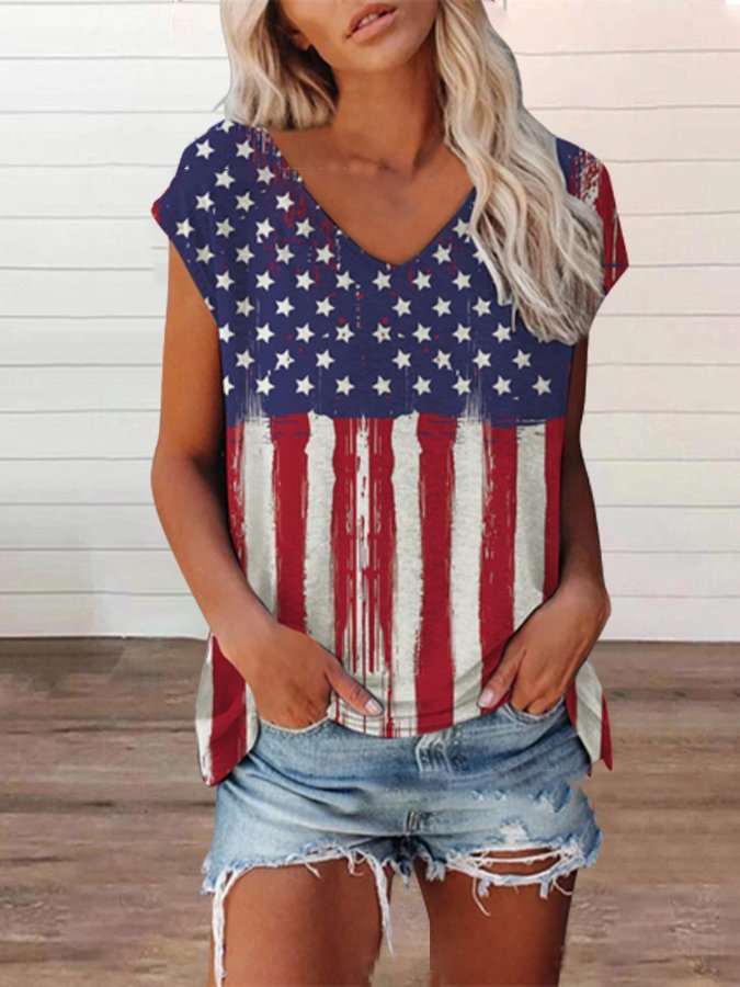 Women's American Flag Printed V-neck T-shirt