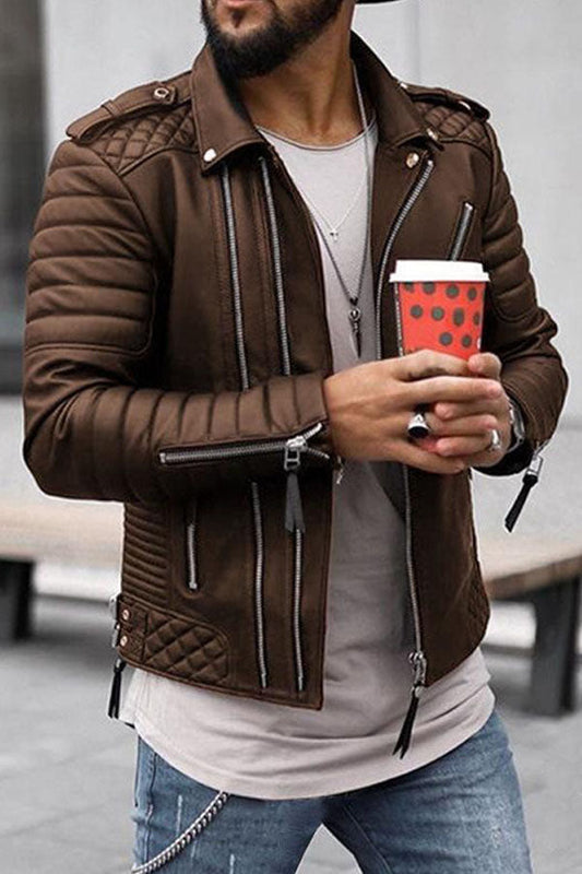 Men's Thickened Lapel Clothing Chain Color Leather Jacket