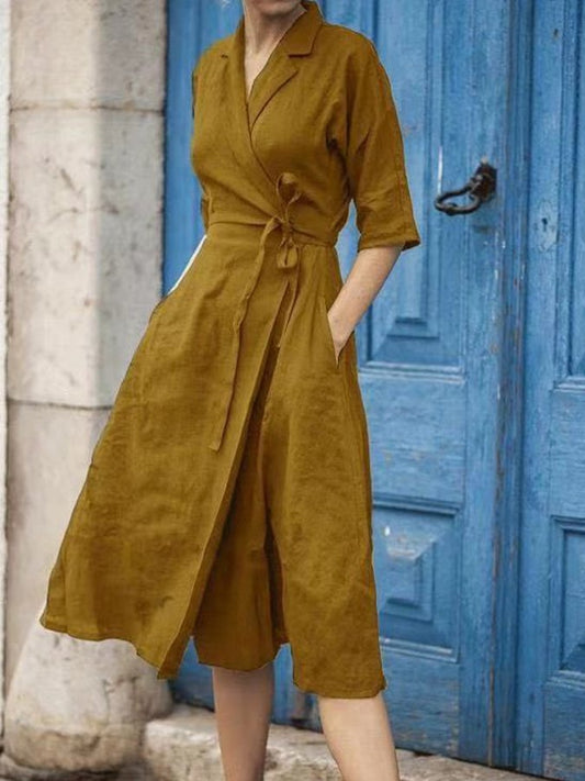 Women's Cotton Linen Belted Lapel Dress