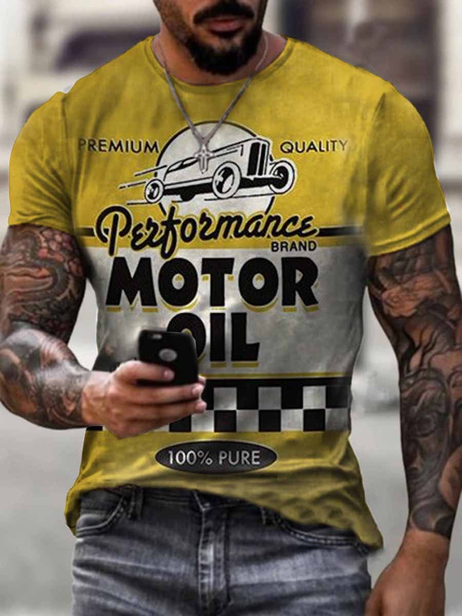 Casual stitching plaid engine oil print T-shirt