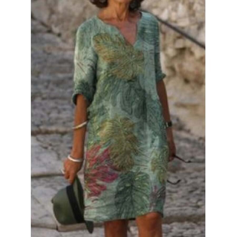 Causal Printed Cotton Linen V-Neck Dress