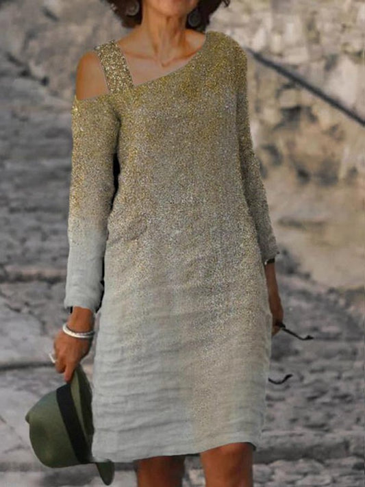 Women's Fashion Art Print Color Block Off Shoulder Long Sleeve Midi Dress