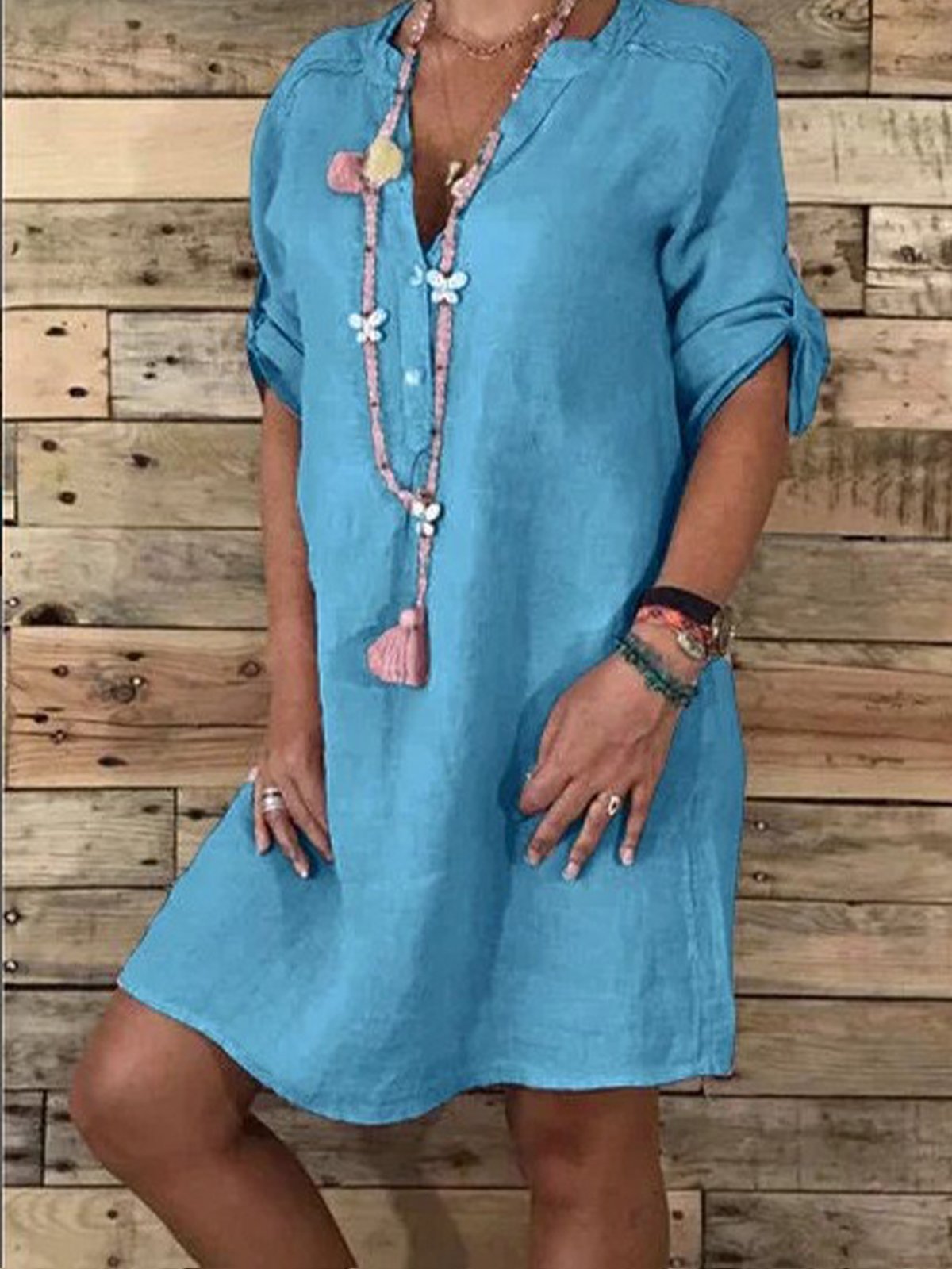 Women's V-Neck Cotton Linen Open Dress