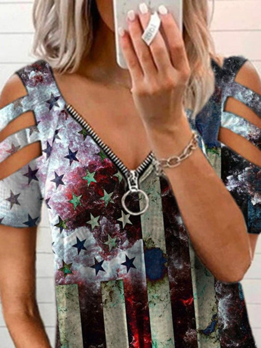 Zip Short Sleeve Vintage Print Top