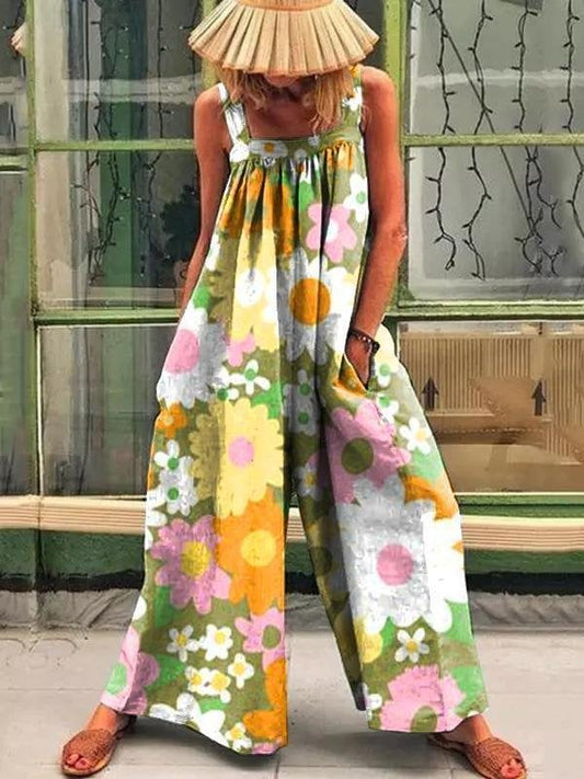 Retro flower print loose jumpsuit