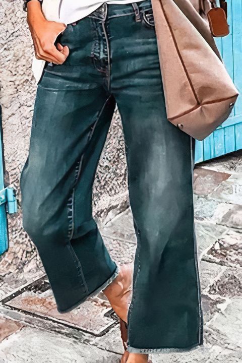 Tall Washed Raw Hem Mid Waist Wide Leg Jeans