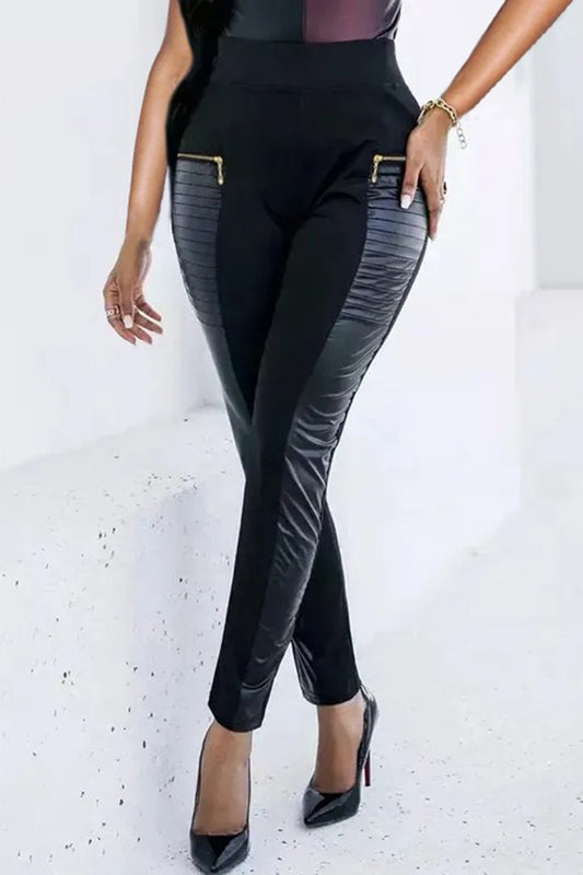 Contrast Panel Zipper Detail Faux Leather Pants