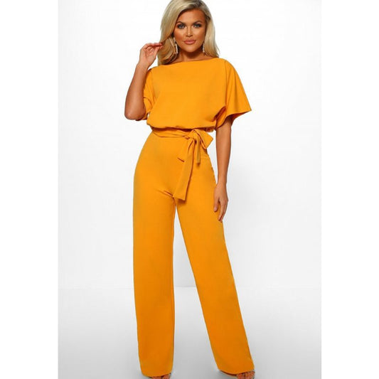 Elegant short sleeved cutout waist tie jumpsuit