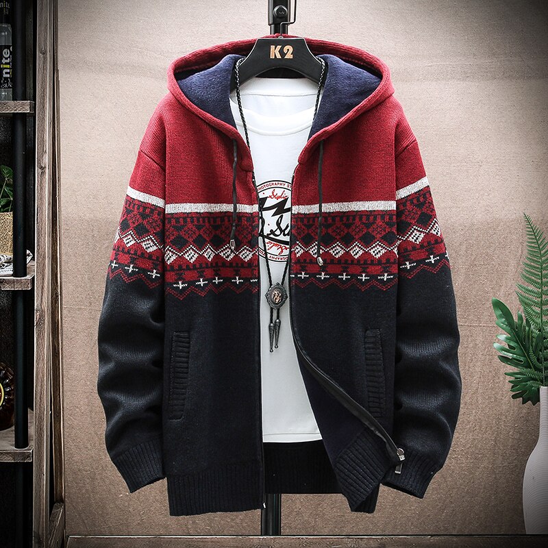 2022 Autumn Hooded Men's Thick Sweaters with Velvet Men's Cardigan Knitted Sweatercoats