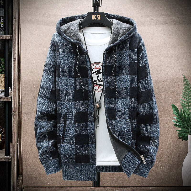 2022 Autumn Men's Cardigan Knitted Sweater Coat Grid Jacket