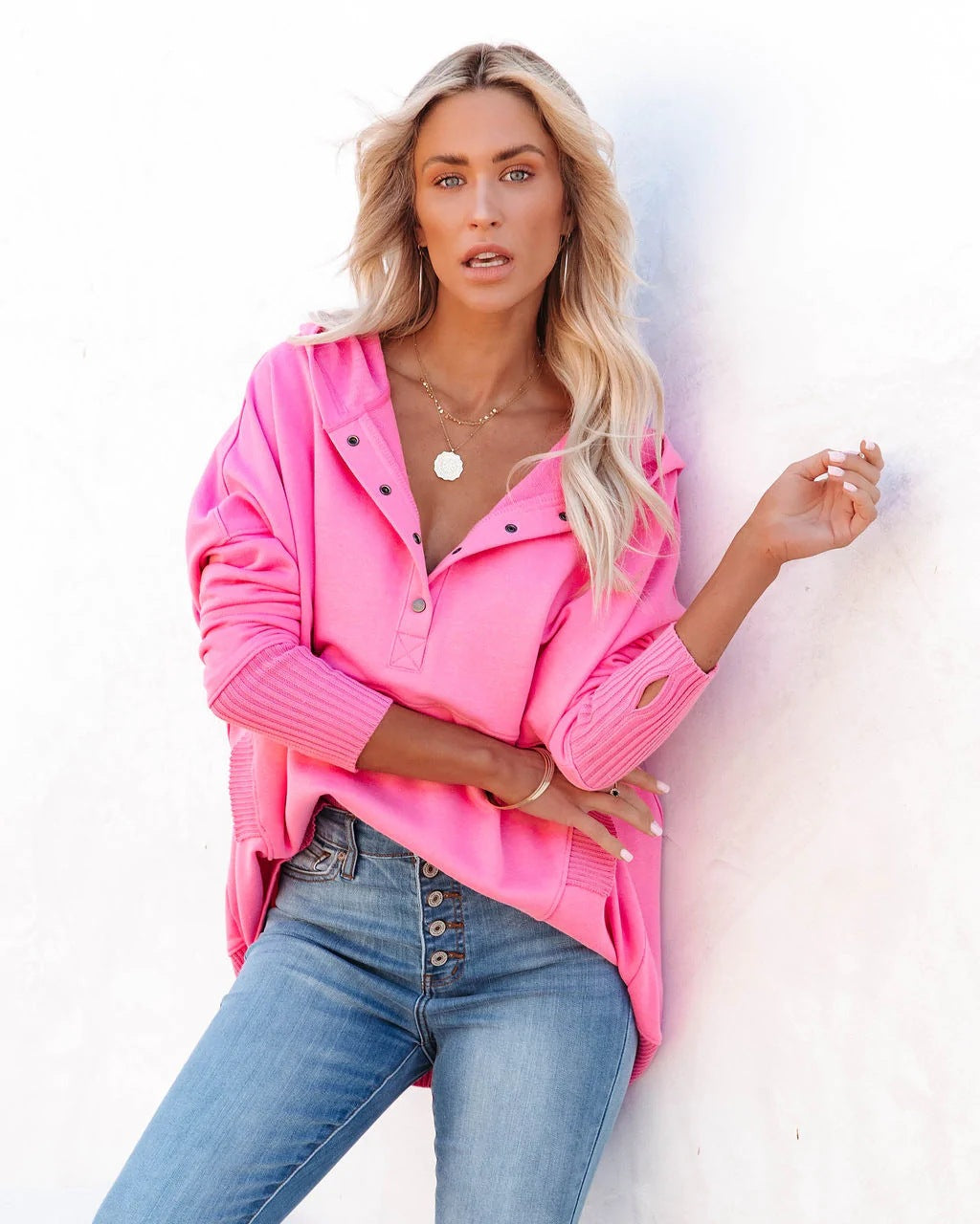 Flornana Casual Solid Pocket Buckle Hooded Collar Tops