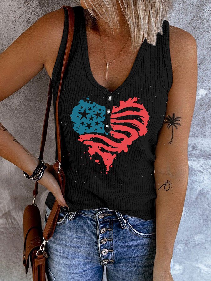 Women's Flag Heart Print Button Vest