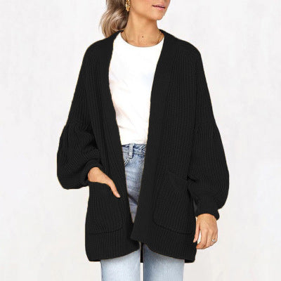 Lantern Sleeve Solid Color Pocket Cardigan
