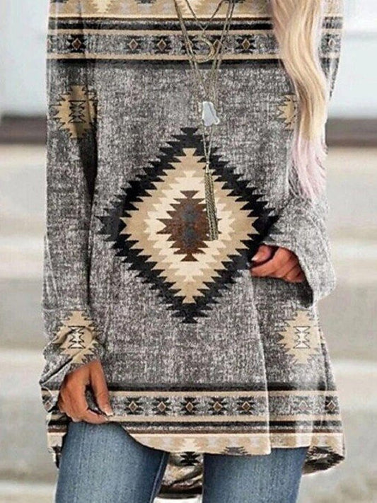 Vintage Crew Neck Long Sleeve Print Top