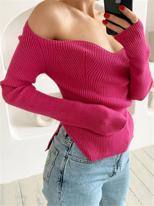 Winter Casual Sexy Slim Solid Color Off Collar Short Sweater For Women