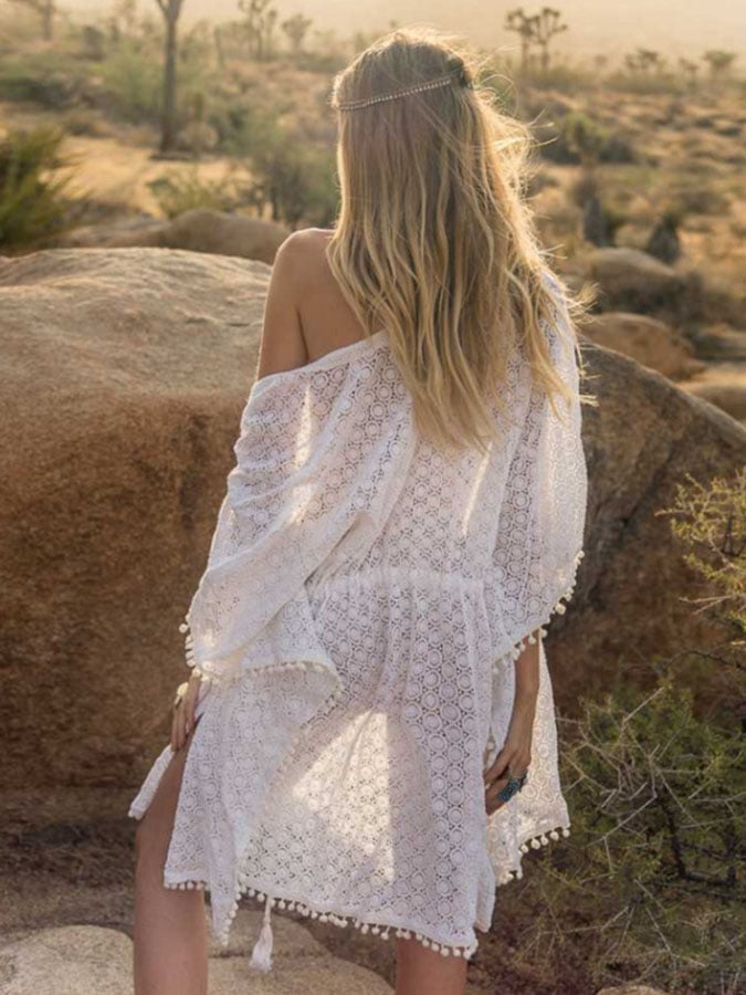 Vintage Bohemian blouse beach jacket hollowed-out strapping sunscreen jacket beach holiday jacket