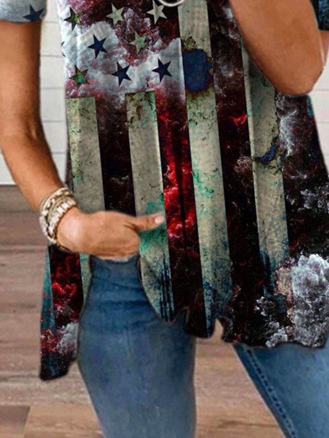 Zip Short Sleeve Vintage Print Top