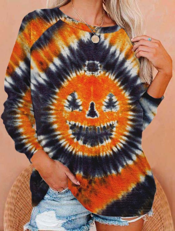 Women's Halloween Pumpkin Tie Dye Print Sweatshirt