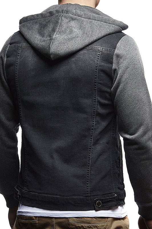 Men's Knit Hooded Denim Jacket Fashion Stitching Denim Coat