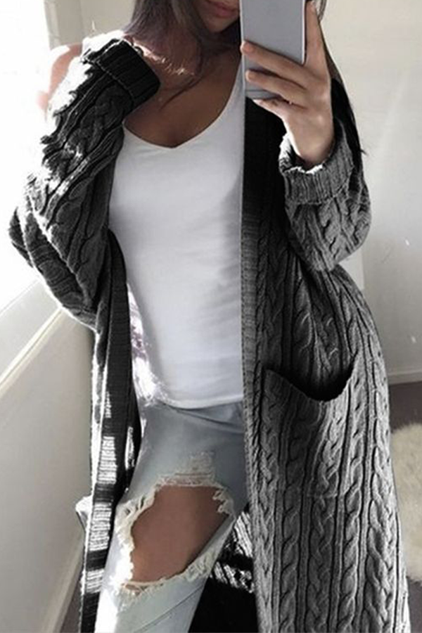 Casual Solid Split Joint Pocket Outerwear Sweater