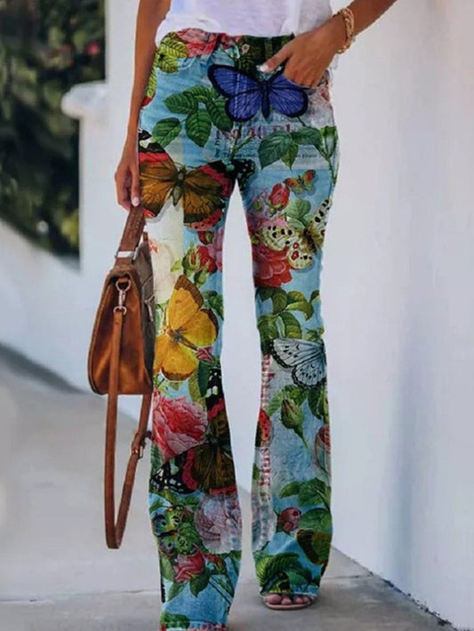 Retro Floral High Waisted Flare Leg Jeans
