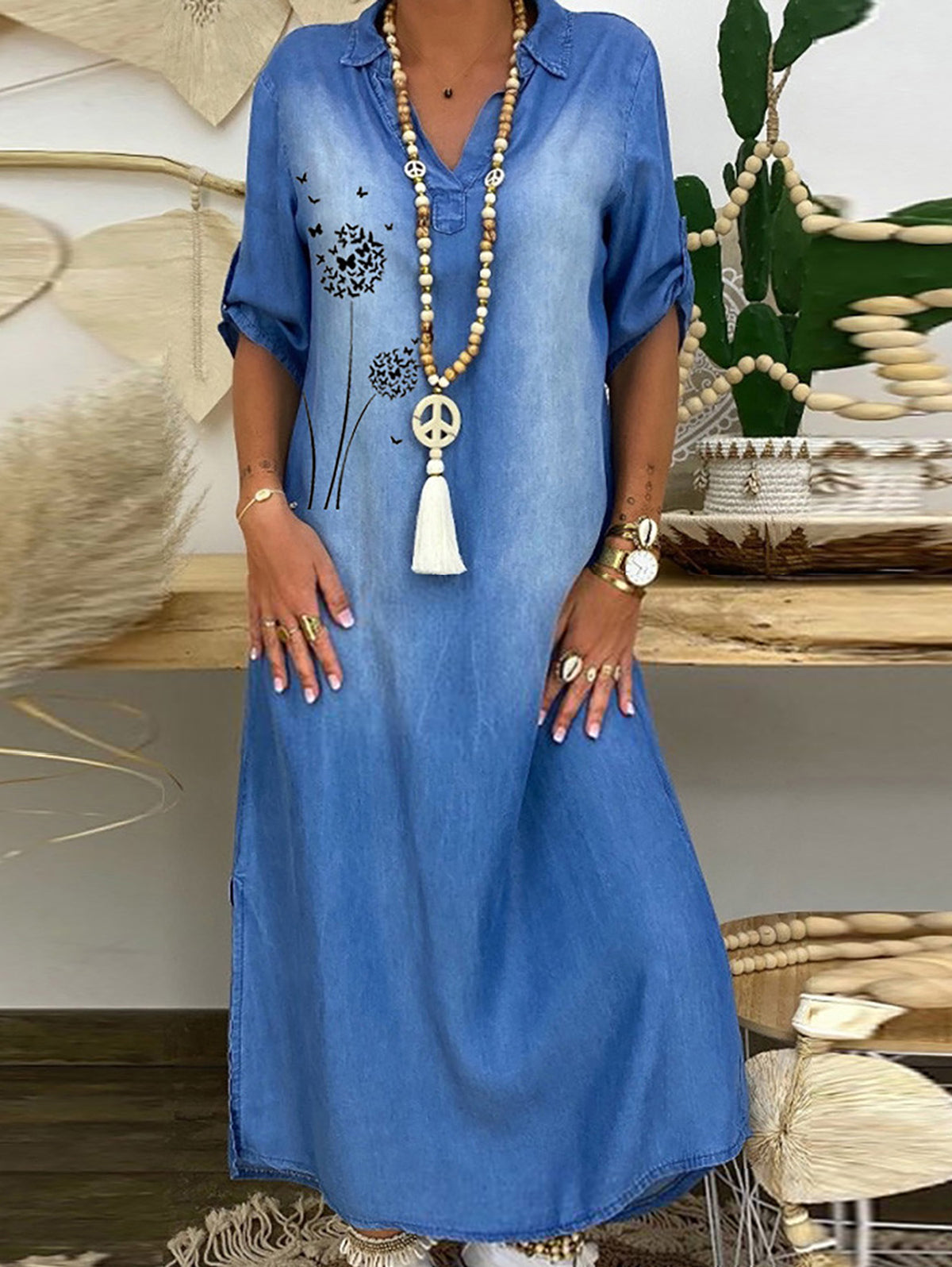 Street Casual Washed Side Slit Denim Dress