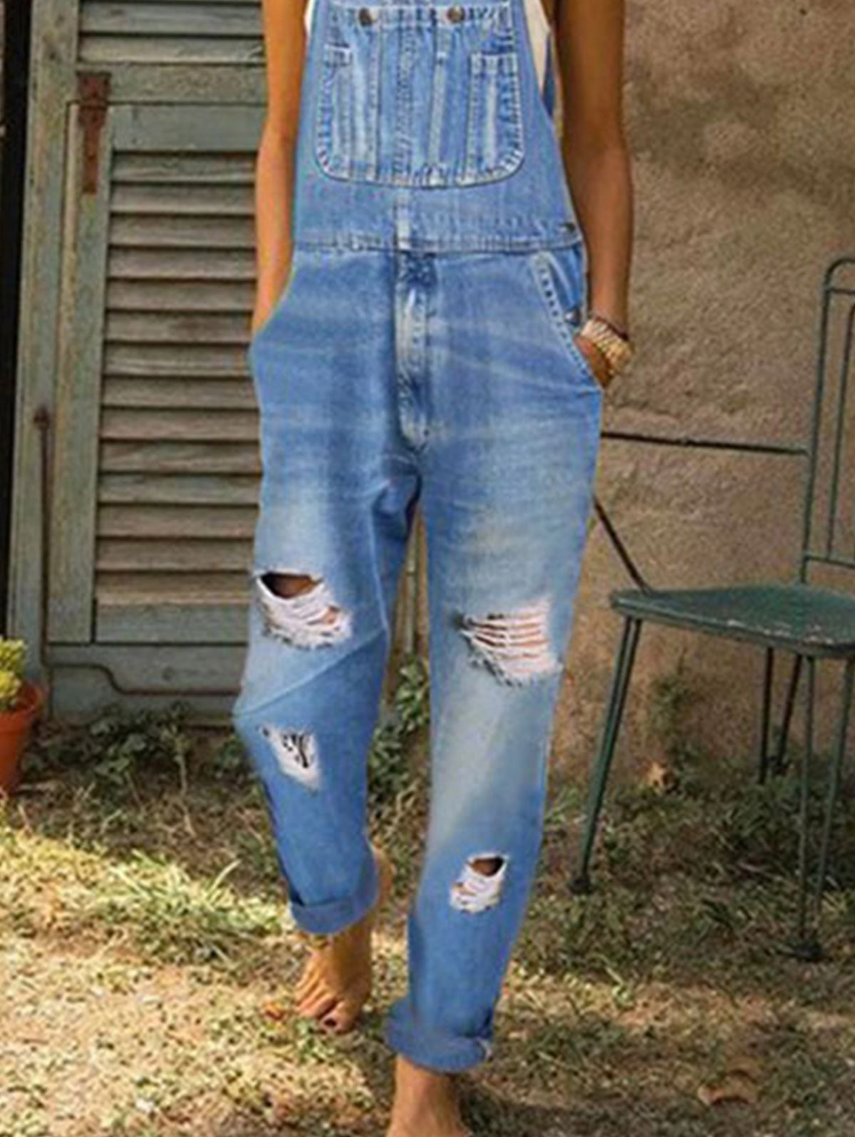 Ladies Casual Ripped Pocket Front Denim Overall