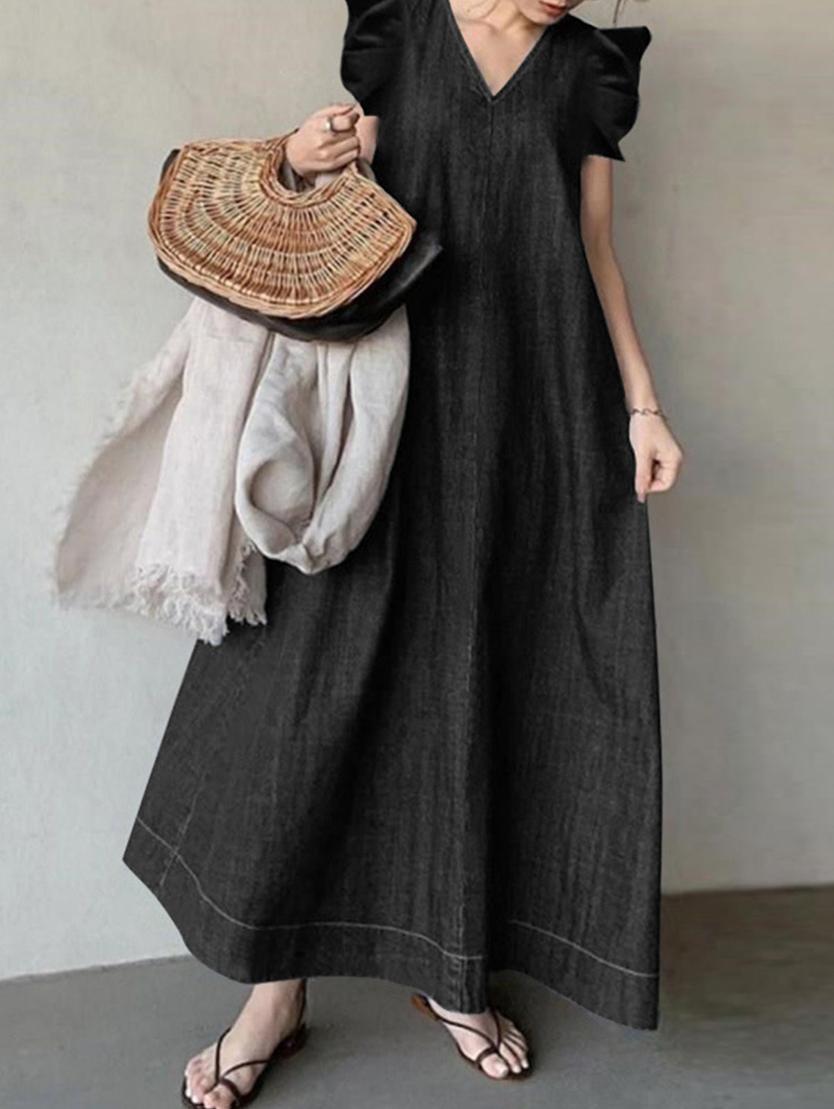 Dressy Oversized V-neck Ruffled Sleeve Denim Dress