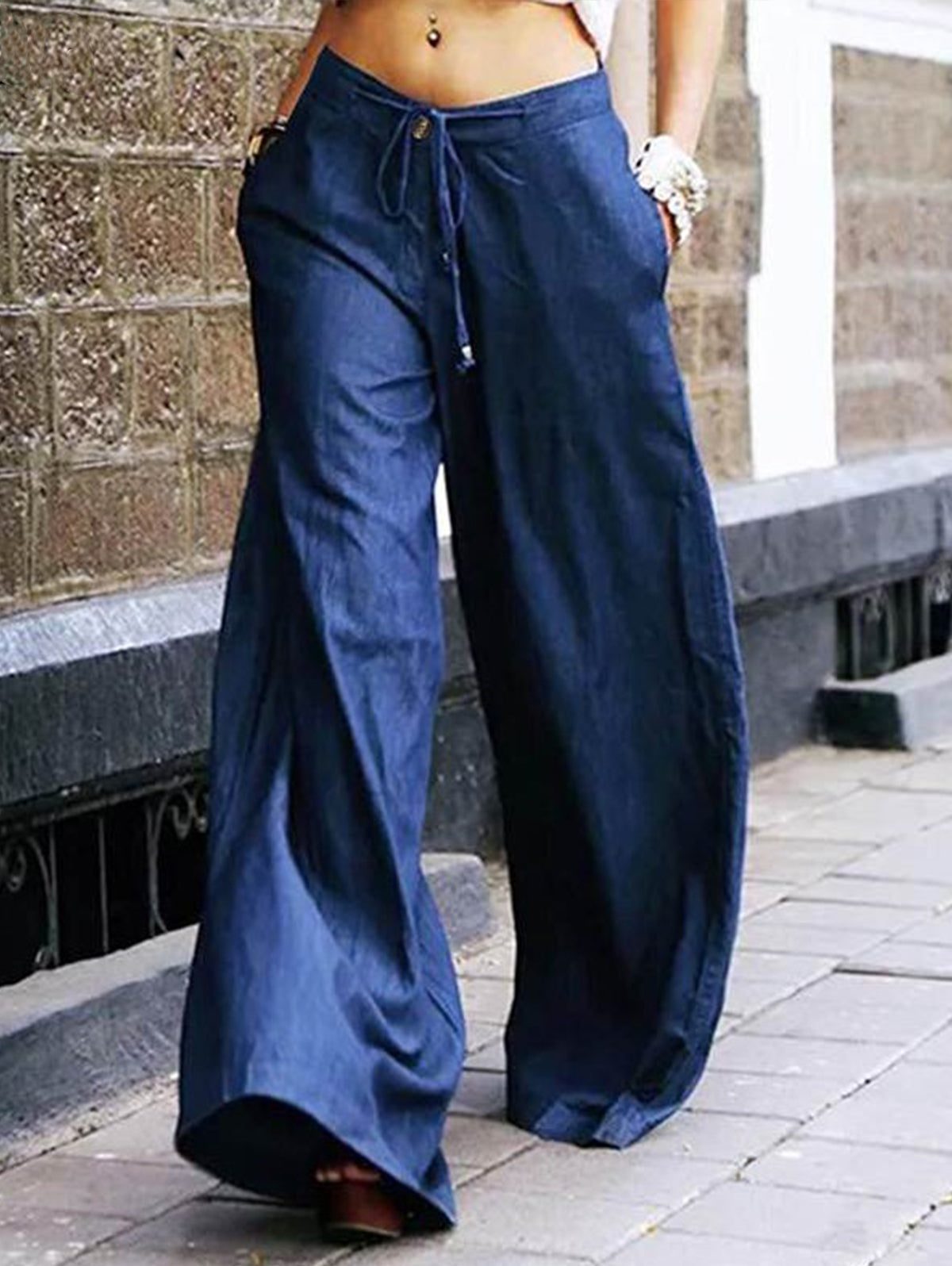 Elegant High Waist Lace-up Wide Leg Pants