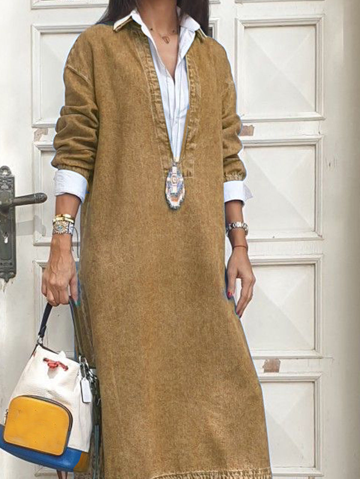 Casual Lapel Collar Fake Two Pieces Long Sleeve Denim Dress