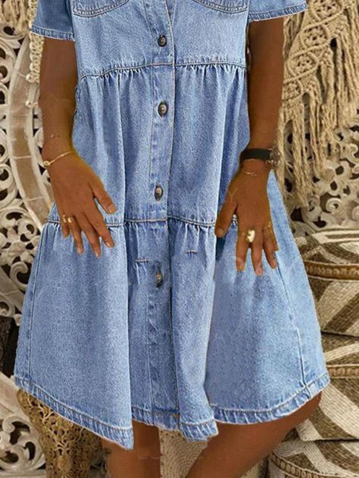 Casual Lapel Collar Short Sleeve Denim Midi Dress