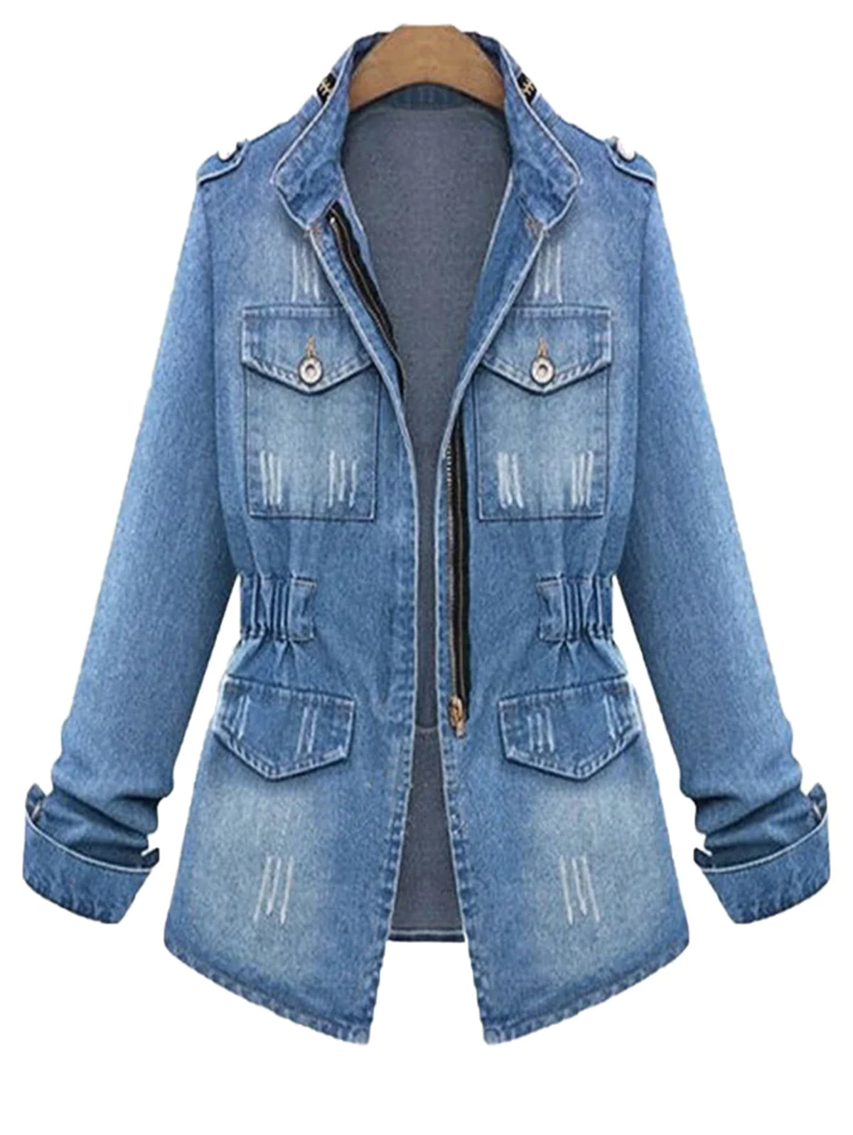Casual Plain Mock Neck Long Sleeve Slim Fit Denim Jacket