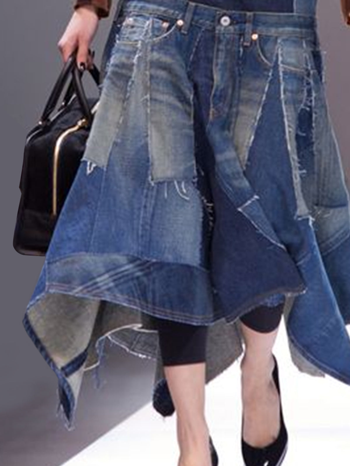Fashion Spliced Irregular Hem Upcycled Denim Skirt