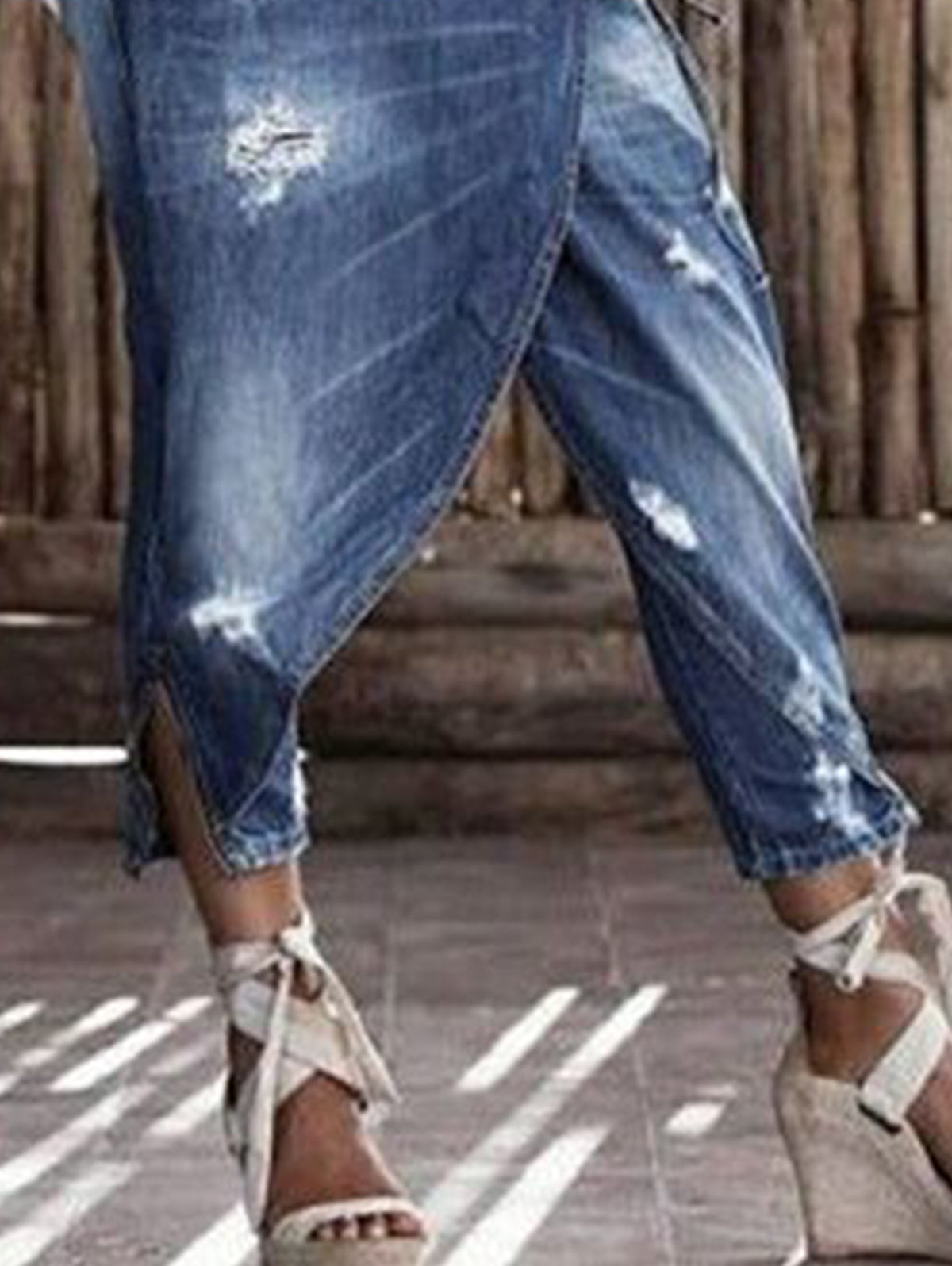 Casual Low Waist Fake Two Layers Ripped Denim Capri Pants