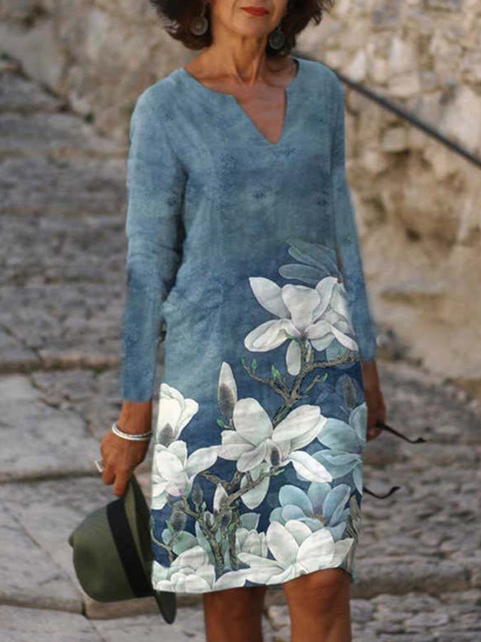 V-Neck Floral Print Casual Long Sleeve Dress