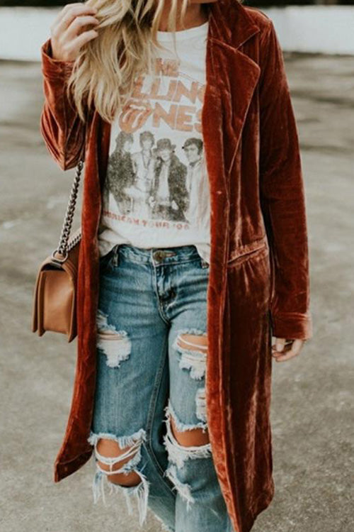 Fashion Chic Loose Gold Velvet Long Sleeve Pocket Coat