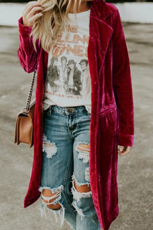 Fashion Chic Loose Gold Velvet Long Sleeve Pocket Coat