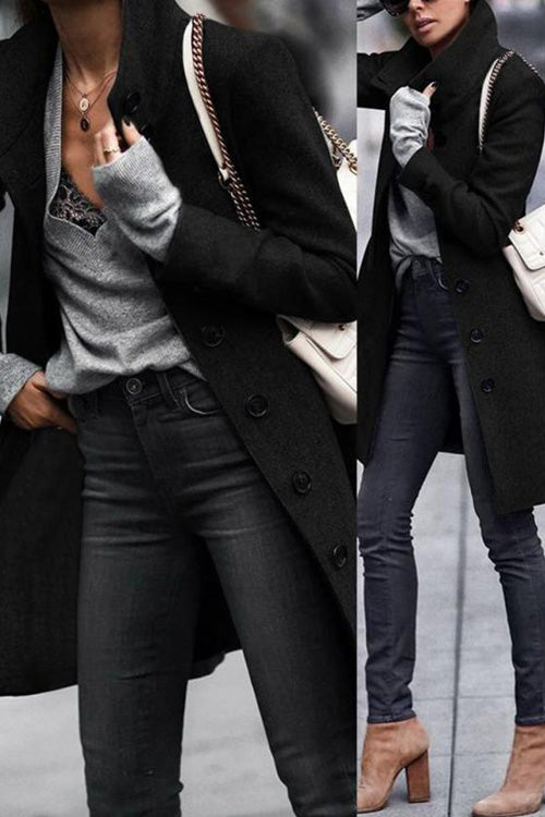 Autumn Winter Fashion Solid Long Sleeve Buttons Long Coat