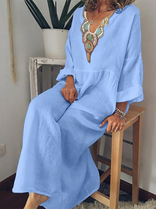 Women's Cotton Linen Ethnic Print Loose Dress