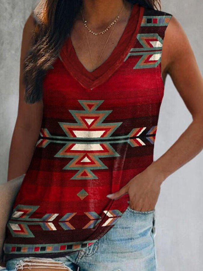 Vintage Geometric Print V-Neck T-Shirt