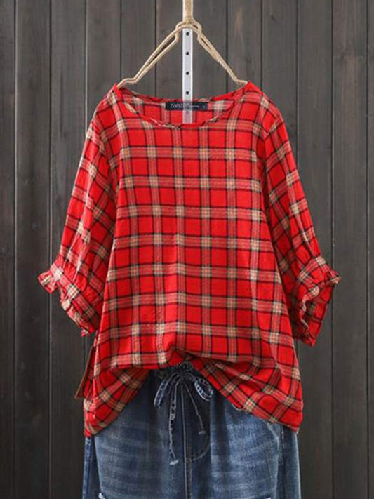 Ladies cotton and linen plaid print casual shirt
