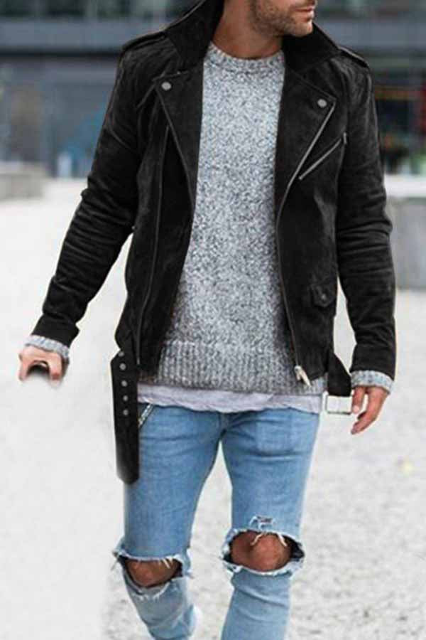 Street Fashion Men's Jacket Solid Color Lapel Zip Jacket