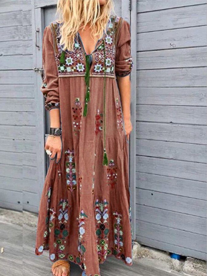 Women's retro bohemian print stitching dress