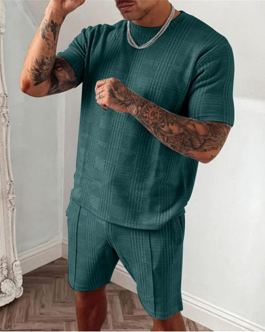 Men's Casual Light Blue Plaid Short-sleeved Slim Shorts Suit