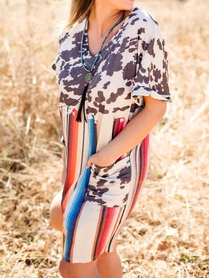 Vintage V-Neck Leopard Stripe Dress