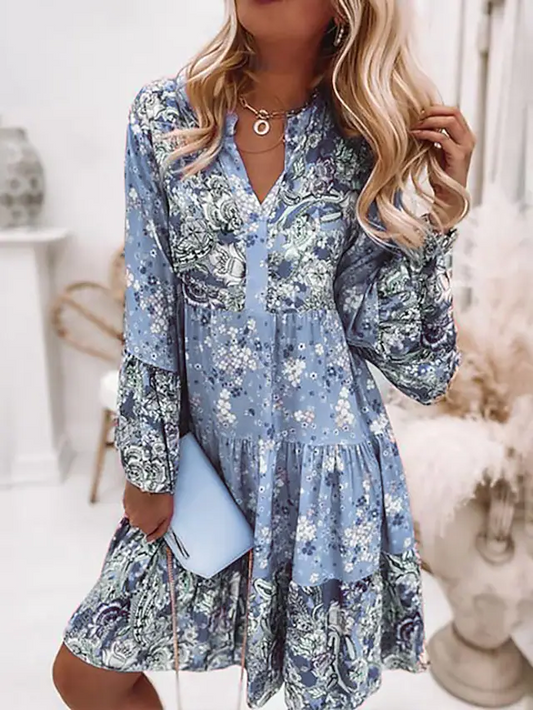 Women's Knee Length Dress Floral Smocked Ruffle Print V Neck Shift Dress