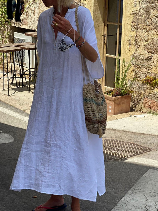 Vintage Solid V-Neck Loose Casual Dress