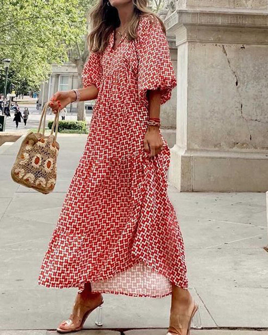 V-neck Geometric Print Loose Dress